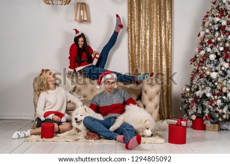 Young stylish people in sweeters and santa hats posing and smiling with white dogs near christmas tree, one girl on sofa another young coupl on the ground with dogs and gifts. New Year concept.