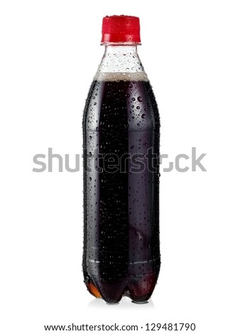 Brown soda water bottle with drops Royalty-Free Stock Photo #129481790