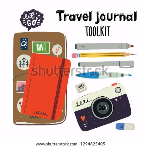 Set of tools for urban sketching. Travel journaling essentials - sketchbook in cover, water brush, pencil, eraser, liner, brush pen, marker. Cartoon vector icons isolated and easy to use.