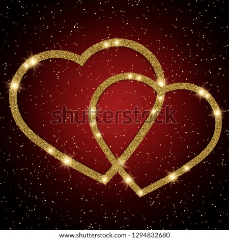 Valentines Day background with golden hearts on luxury red texture. Vector illustration