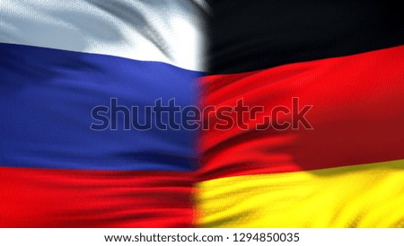Russia and Germany flags background, diplomatic and economic relations, trade