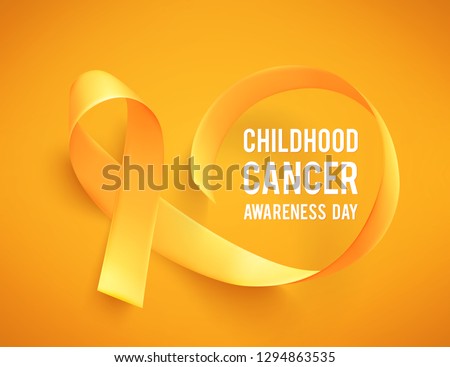 Background with realistic gold ribbon. World childhood cancer symbol, vector illustration. Template for poster for cancer awareness month.