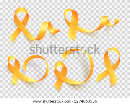 Big set of various realistic gold ribbons over transparent background. World childhood cancer symbol, vector illustration. Template for poster for cancer awareness month.