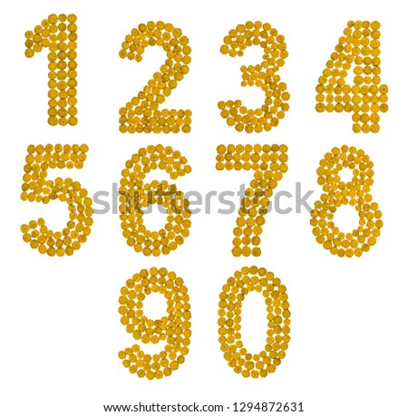 Set of arabic numbers from natural yellow flowers of tansy, isolated on white background