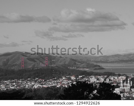 Landscape of San Francisco bay and the Golden Gate bridge, black and white picture with monochrome effect in red