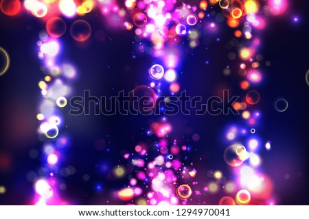 Abstract colorful defocused circular bokeh sparkle glitter lights background. Magic space cosmic shiny bubbles. Elegant layout template for blayer banner or poster background. EPS 10