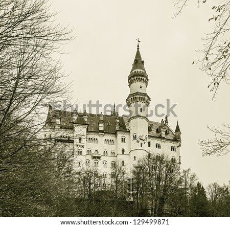 The Neuschwanstein castle in the Bavaria Alps - Tirol, Germany (stylized retro)