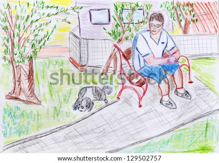 Boy sitting on bench a watching small dog (Shih Tzu)  - hand painted picture.