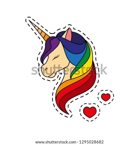 Unicorn with closed eyes. Rainbow mane. Sticker, pin, patch in cartoon 80s-90s comic style. For design greeting card, invitation or banner. Vector illustration isolated on white background.
