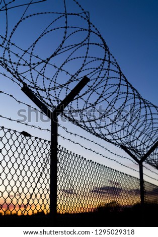 Barbed wire fence in low light.