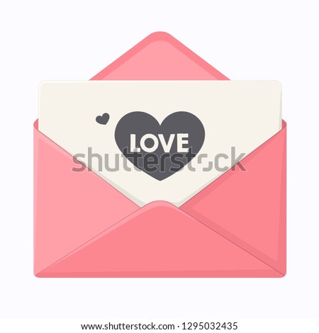 Vector love icon envelope with heart. The envelope is pink, and the love message on black paper. Romantic Letter in flat minimalism style.