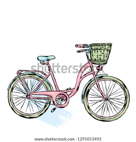Vintage bicycle with basket. Vector illustration for greeting card or poster. Print Vintage and retro, hand drawing.