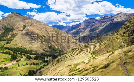 Sacred Valley of the Incas (Urubamba Valley). It is located in the present-day Peruvian region of Cusco. Royalty-Free Stock Photo #129505523