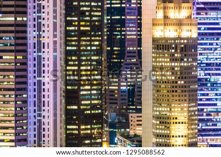 Beautiful architecture building exterior of singapore city skyline at twilight and night time