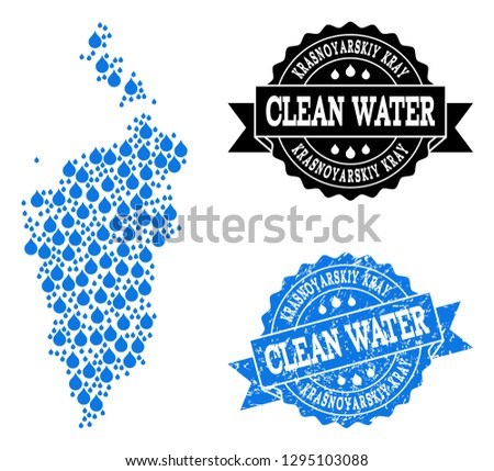 Map of Krasnoyarskiy Kray vector mosaic and clean water grunge stamp. Map of Krasnoyarskiy Kray formed with blue water raindrops. Seal with grunge rubber texture for pure drinking water.