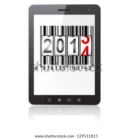 Tablet PC computer with 2014 New Year counter, barcode isolated on white background. Vector  illustration.