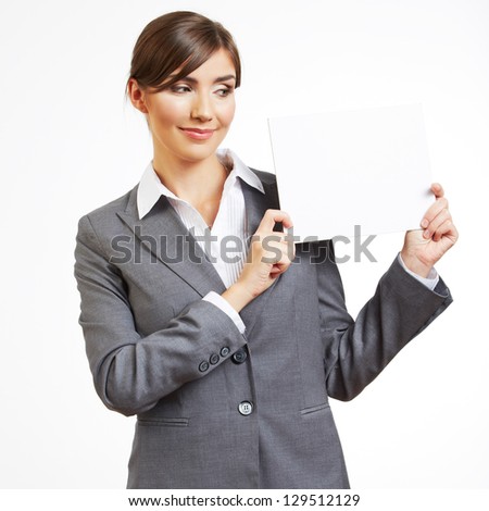 Portrait of smiling  business woman hold banner, isolated on white background