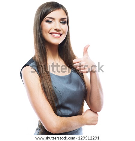 Smiling business woman thumb up show. isolated white background .