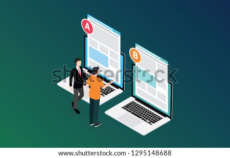 isometric 3d design ab a b split testing concept with two business men compare test result between 2 page of website design comparison - vector illustration Royalty-Free Stock Photo #1295148688