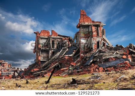 Completely destroyed a two-story brick building Royalty-Free Stock Photo #129521273