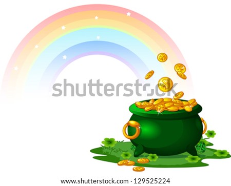 Pot  full of golden coins at the End of the Rainbow