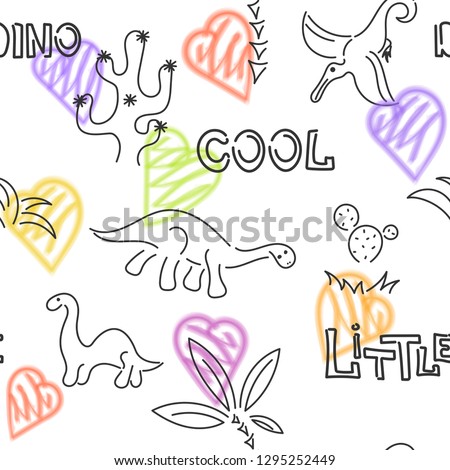 Cute dinosaurs and palm trees, cacti. hearts.  Seamless pattern. Hand drawn vector doodle design for kids,  fabric. 