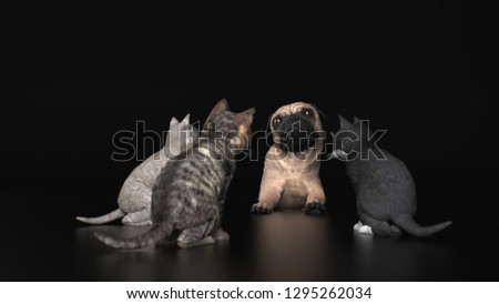 Curious kittens looking and investigating a pug dog lying on floor 3d illustration