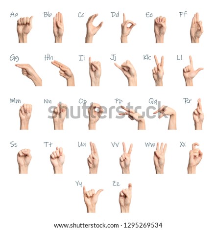 Set of woman showing alphabet on white background. Sigh language
