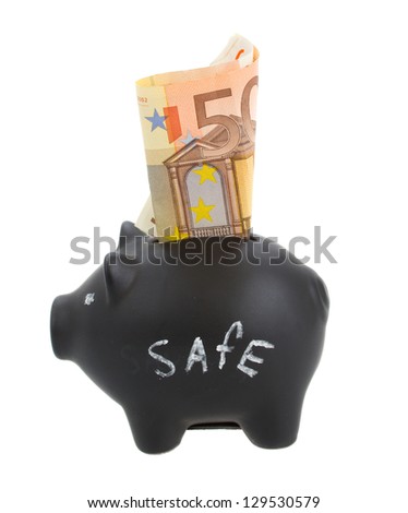 black  money pig with euro banknote isolated on white background