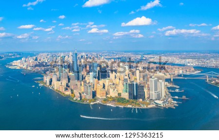 Beautiful aerial view of Lower Manhattan  from the helicopter ride - New York, USA