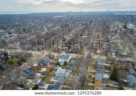 Aerial view of Whitefish Bay Wisconsin as seen from above. Includes points of interest. Classic suburban neighborhood.