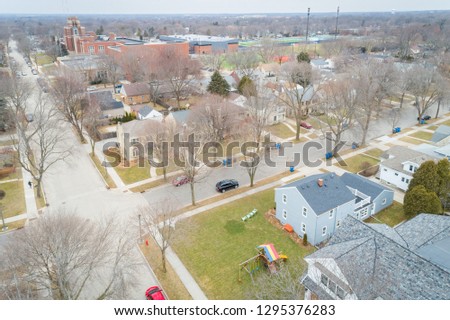 Aerial view of Whitefish Bay Wisconsin as seen from above. Includes points of interest. Classic suburban neighborhood.