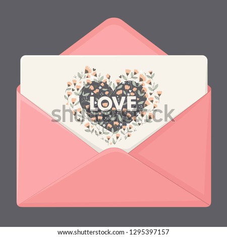 Vector love icon envelope with heart. The envelope is pink, love in the form of a postcard with a heart textured flower. Romantic Letter in flat minimalism style.