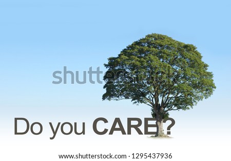 Wake up People - do you really care about our beautiful TREES? - campaign tree merged with the word CARE and a question mark against a plain graduated blue sky background 
                           