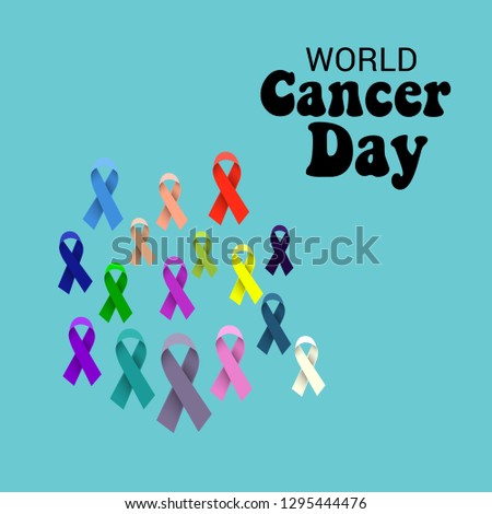 Vector illustration of a Background for World Cancer Day (February 4). Colorful Awareness Ribbons blue, red, green, pink and yellow Color for Supporting People Living and illness.