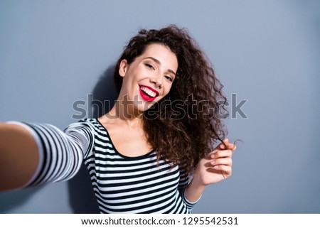 Close up photo image of positive charming cute lovely delightful dreamy pretty stunning gorgeous take make selfie isolated grey background