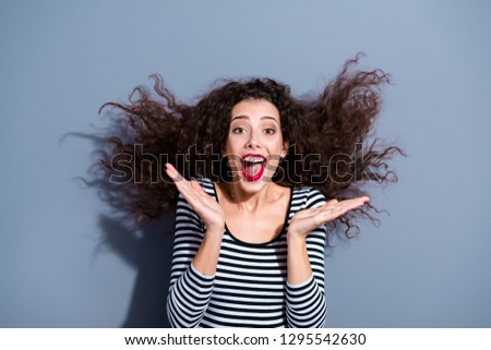Close up picture portrait of pretty gorgeous funny funky attractive positive optimistic mad delightful overjoyed rejoicing lady student hipster clapping hands isolated grey background