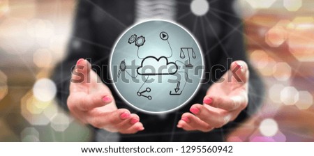 Cloud technology concept above the hands of a woman in background