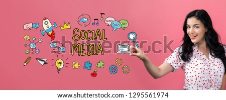 Social media with young woman on a pink background