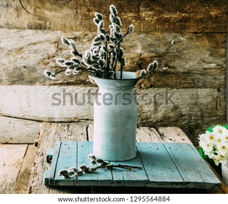 Spring flowers on wood. Rustic spring setting. Willow flowers on spring table setting.Spring decoration