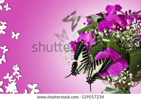 Design picture with a bouquet of flowers and butterflies.