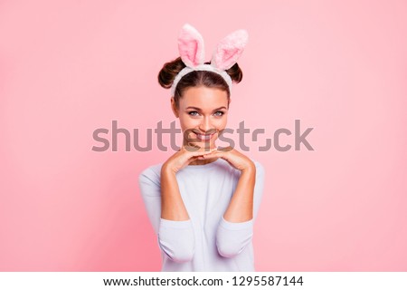 Portrait of nice cute lovely sweet attractive cheerful cheery positive funny funky girl wearing headband enjoying holiday isolated over pink pastel background