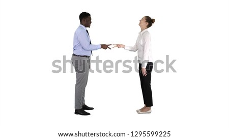 Rock, paper, scissors game Woman being late on white background.