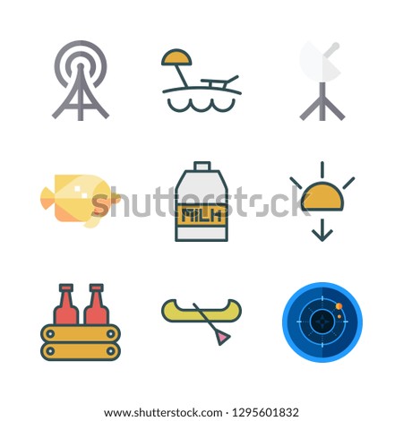 wave icon set. vector set about milk, satellite dish, radar and beach icons set.