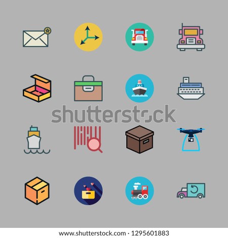 delivery icon set. vector set about barcode, box, open box and drone icons set.