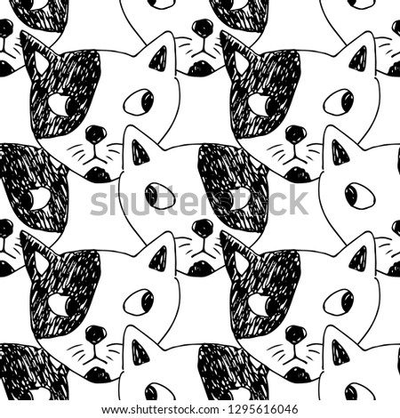 Vector seamless pattern with white cat. Hand drawn illustration of kitten  3