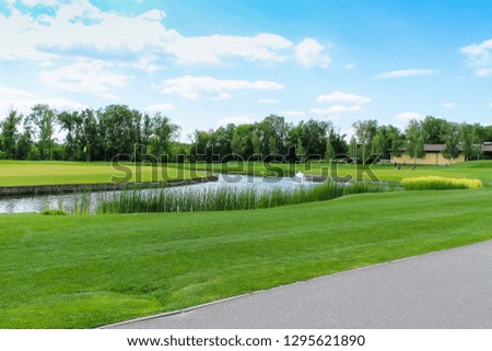 Green golf course in summer. Summer vacation on the grass outside the city on a meadow in the sunny afternoon.