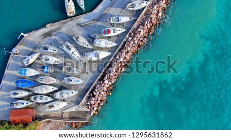 Aerial drone top view photo of tropical port full of yachts and sailboats