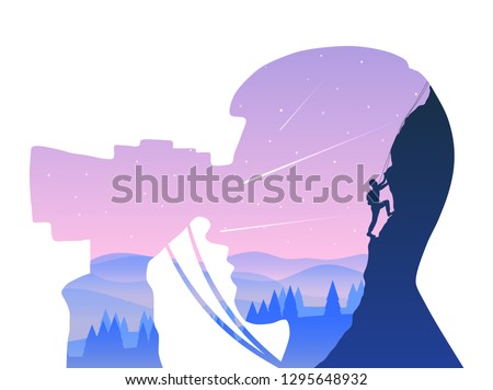 Double exposure with clipping mask. The tourist climbs up the hill. Silhouette of the tourist looking in the binoculars.
