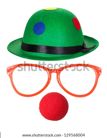 Clown hat with glasses and red nose isolated on white background Royalty-Free Stock Photo #129568004